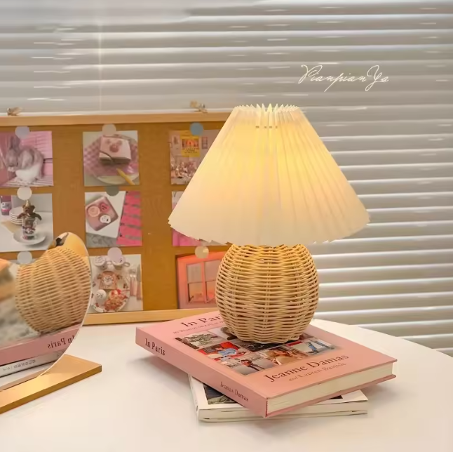 Handwoven Rattan Table Lamp – Cozy Bedside Lighting