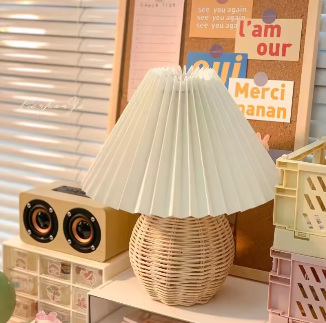 Handwoven Rattan Table Lamp – Cozy Bedside Lighting