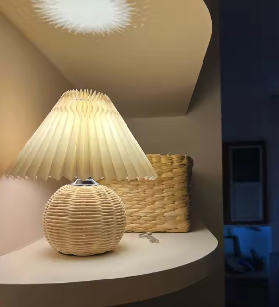 Handwoven Rattan Table Lamp – Cozy Bedside Lighting