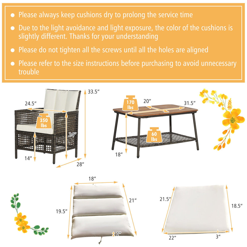 5 Pieces Patio Rattan Set Cushioned Sofa Armrest Wooden Tabletop