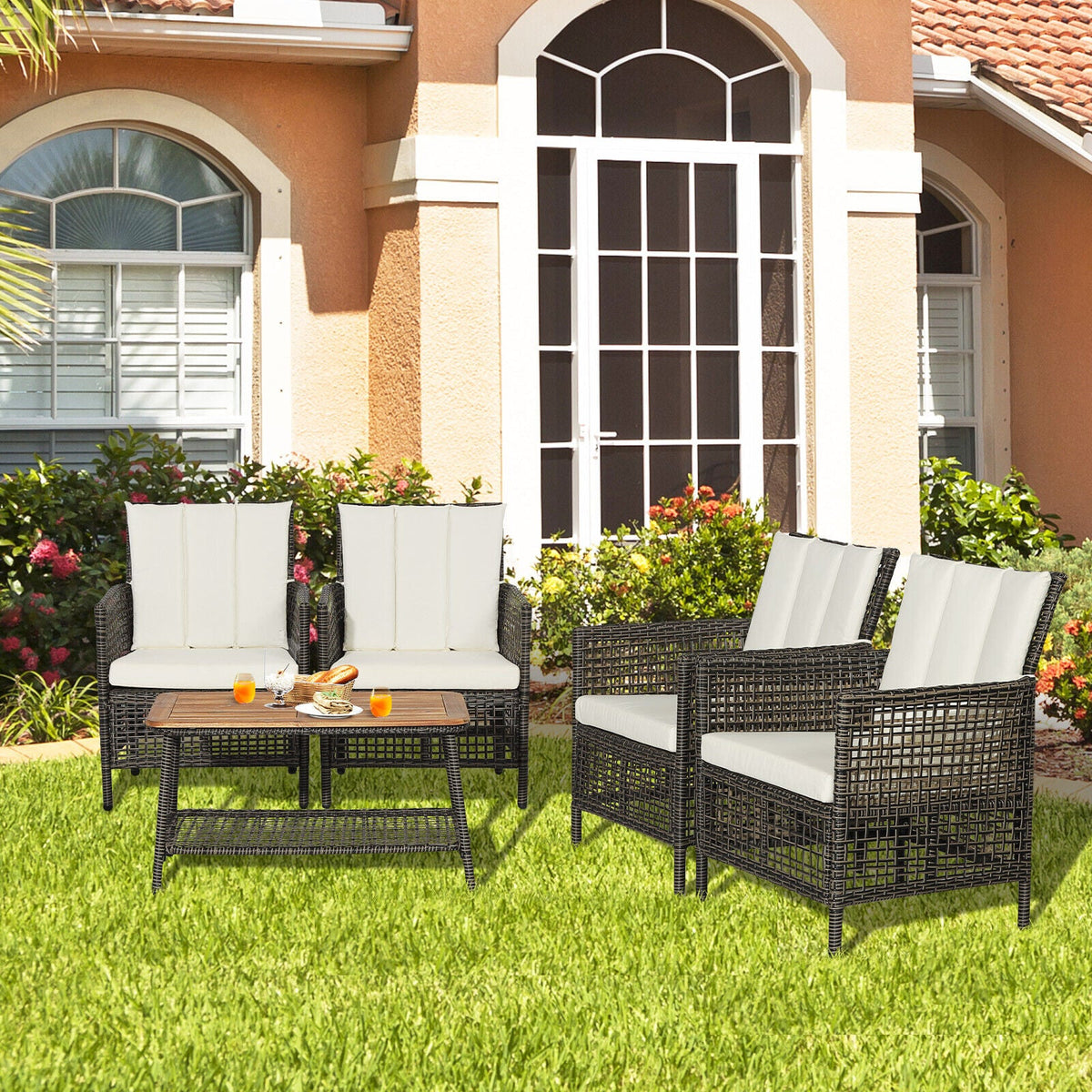 5 Pieces Patio Rattan Set Cushioned Sofa Armrest Wooden Tabletop