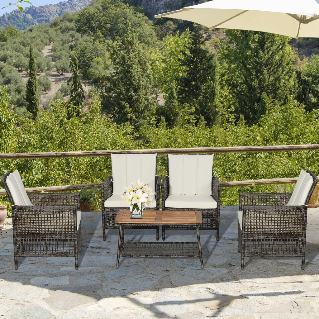 5 Pieces Patio Rattan Set Cushioned Sofa Armrest Wooden Tabletop