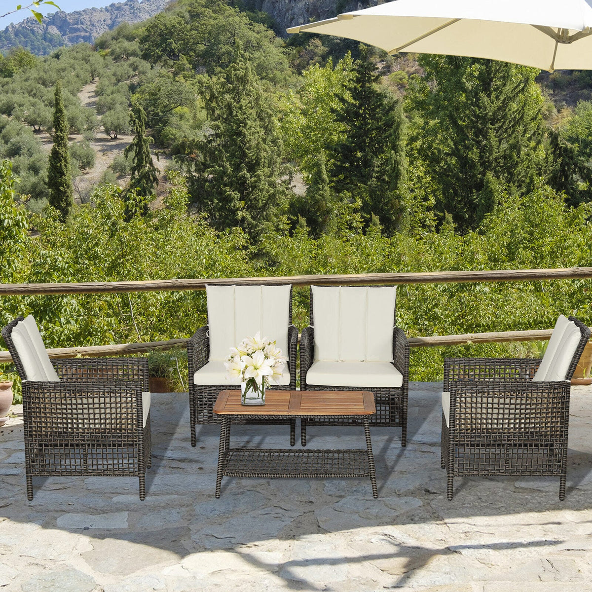 5 Pieces Patio Rattan Set Cushioned Sofa Armrest Wooden Tabletop