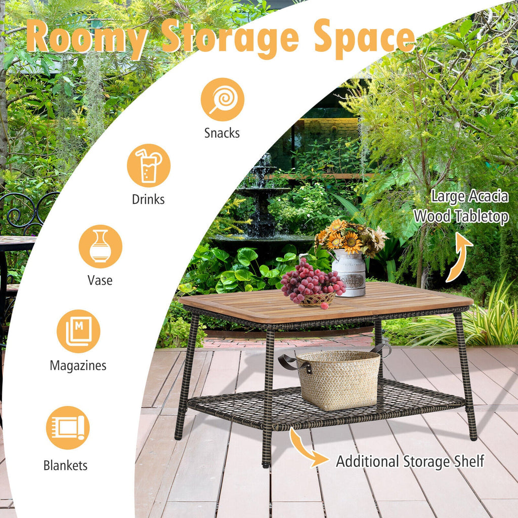 5 Pieces Patio Rattan Set Cushioned Sofa Armrest Wooden Tabletop