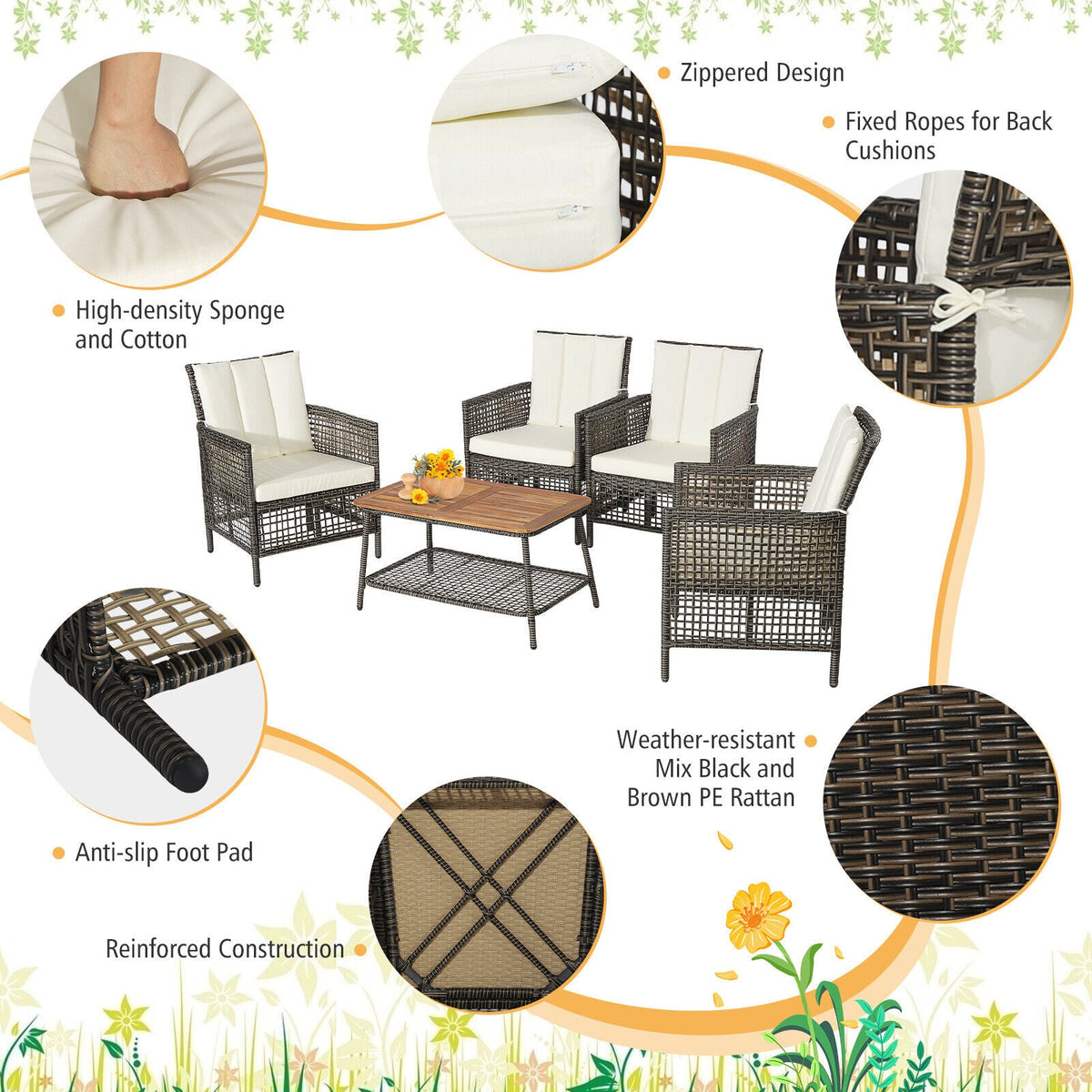 5 Pieces Patio Rattan Set Cushioned Sofa Armrest Wooden Tabletop