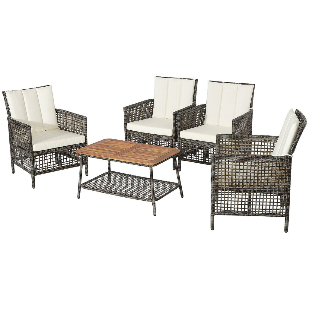 5 Pieces Patio Rattan Set Cushioned Sofa Armrest Wooden Tabletop