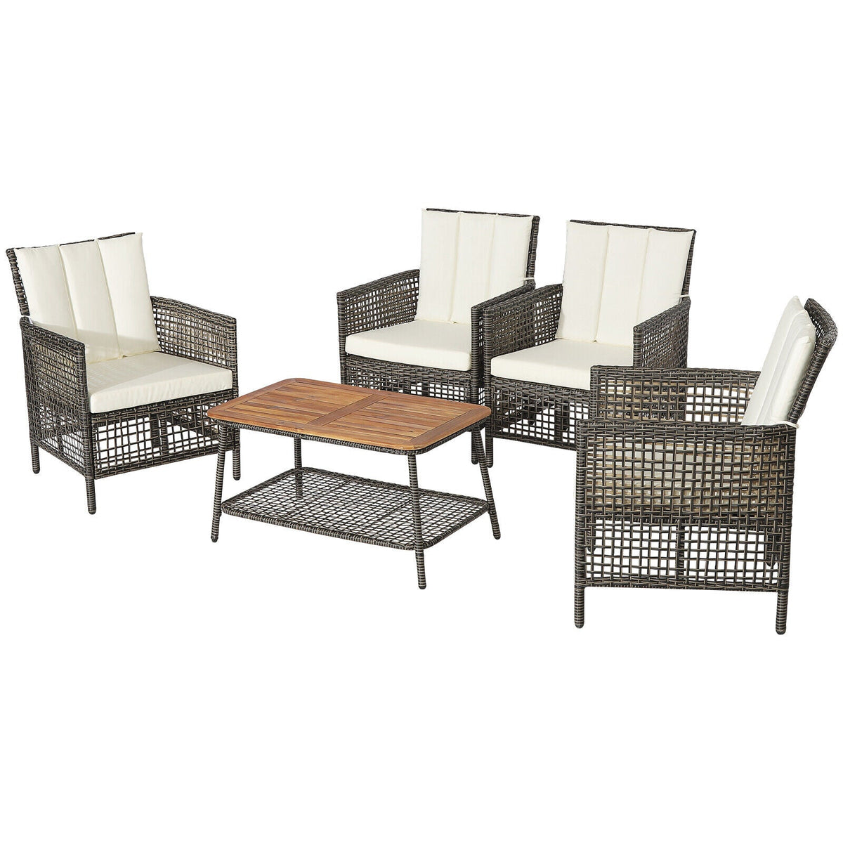 5 Pieces Patio Rattan Set Cushioned Sofa Armrest Wooden Tabletop