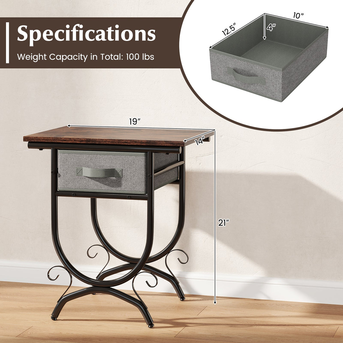 Side Table with Fabric Drawer and Carved Metal Frame