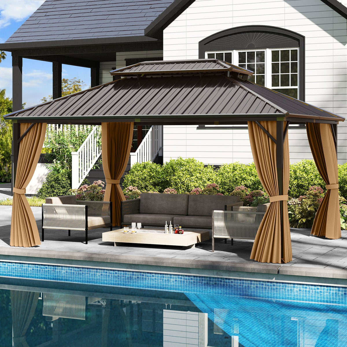 16 x 12 Feet Hardtop Gazebo Aluminum Frame Permanent Pavilion with Curtains and Netting
