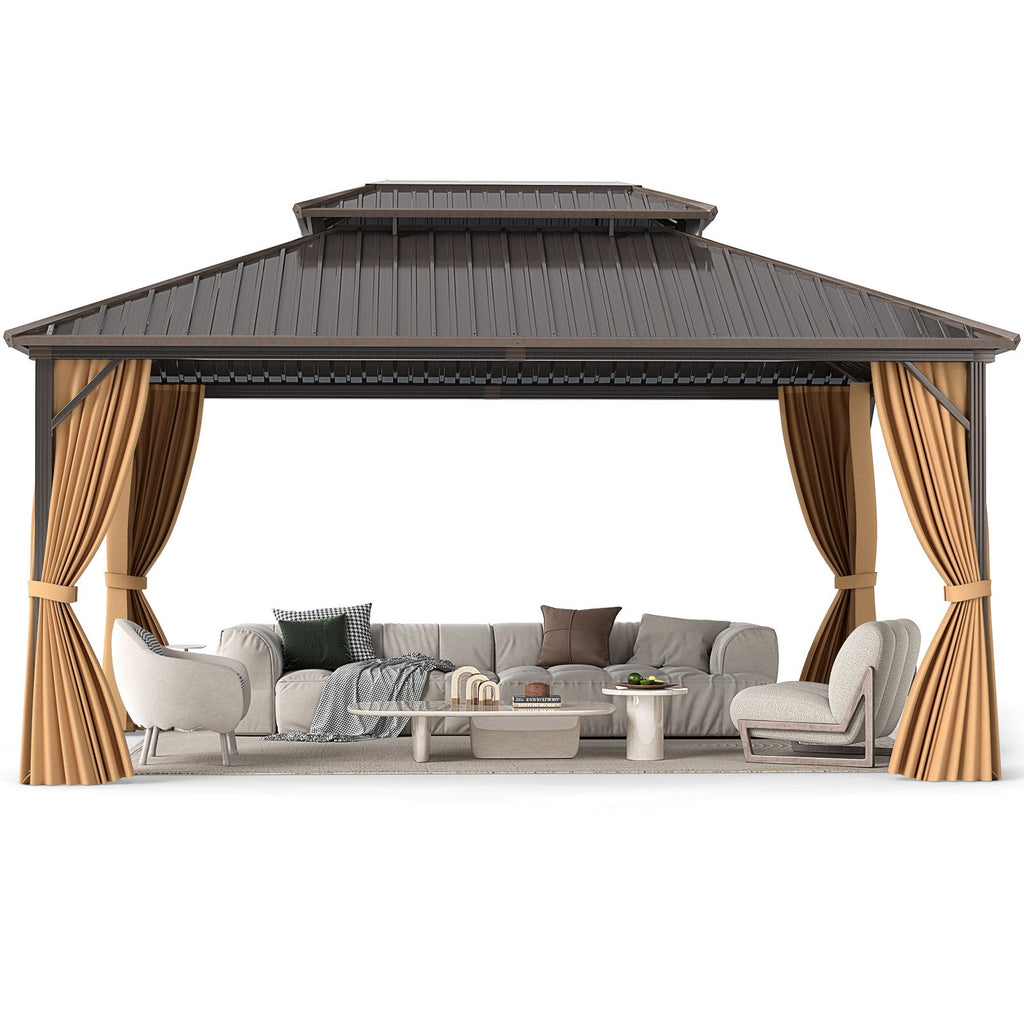 16 x 12 Feet Hardtop Gazebo Aluminum Frame Permanent Pavilion with Curtains and Netting