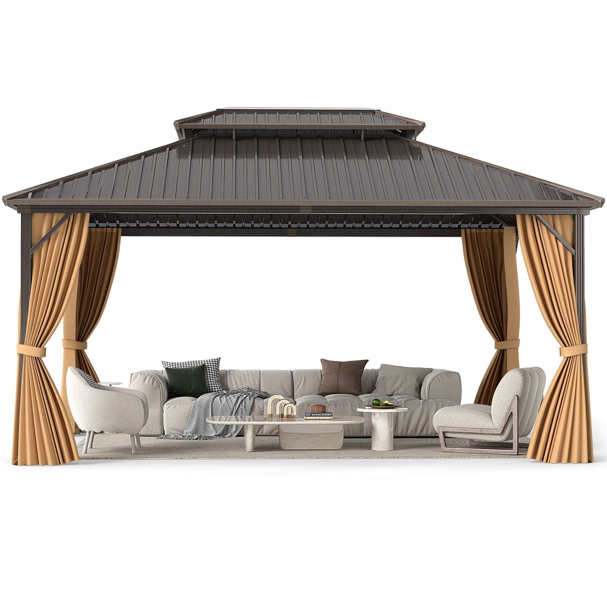 16 x 12 Feet Hardtop Gazebo Aluminum Frame Permanent Pavilion with Curtains and Netting