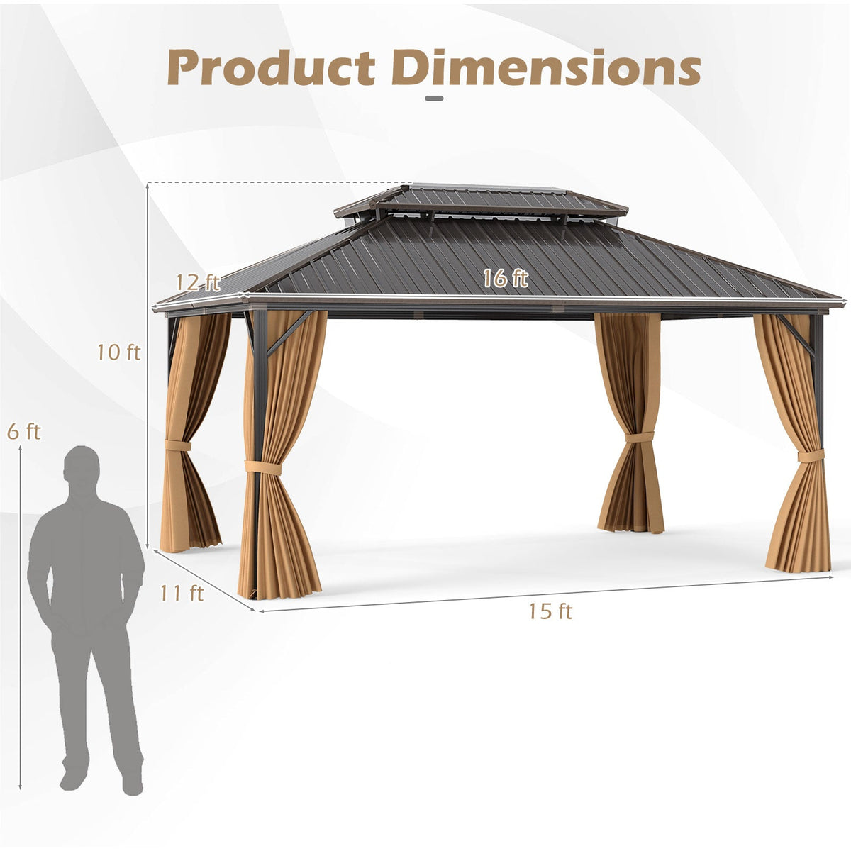 16 x 12 Feet Hardtop Gazebo Aluminum Frame Permanent Pavilion with Curtains and Netting