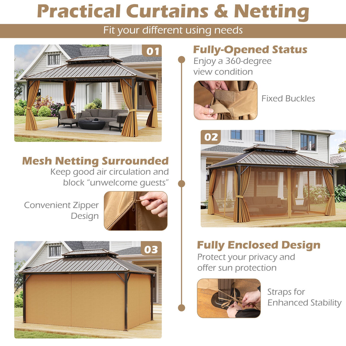 16 x 12 Feet Hardtop Gazebo Aluminum Frame Permanent Pavilion with Curtains and Netting