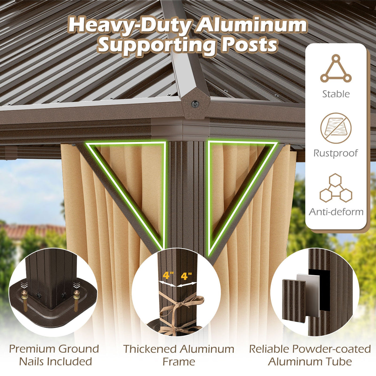 16 x 12 Feet Hardtop Gazebo Aluminum Frame Permanent Pavilion with Curtains and Netting