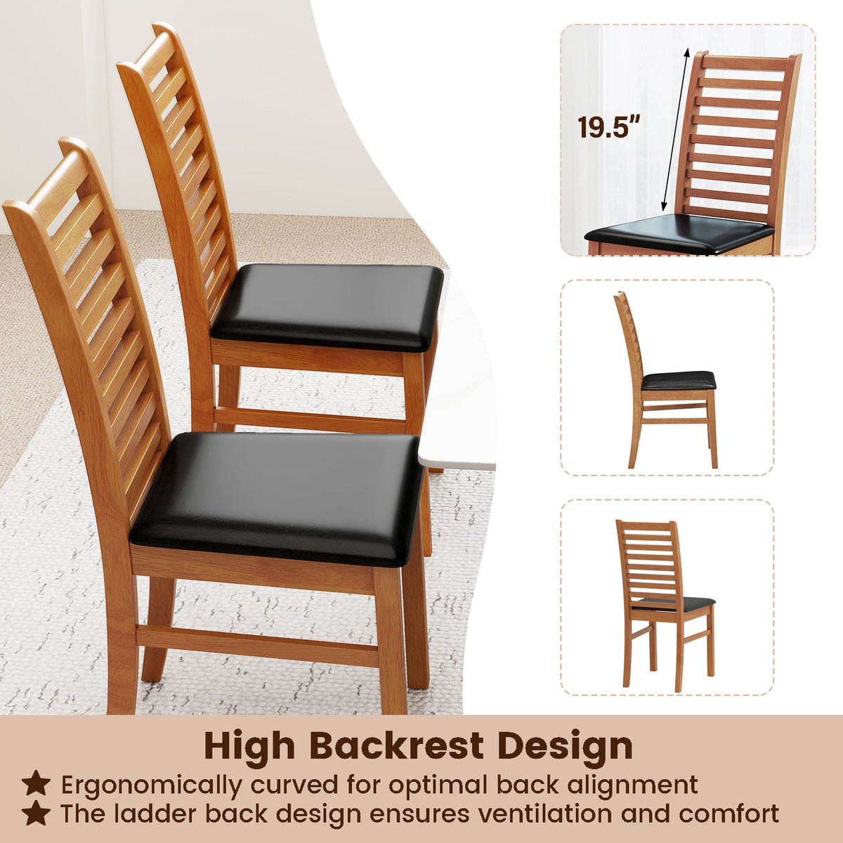 Set of 2 Wooden Dining Chairs with Rubber Wood Legs