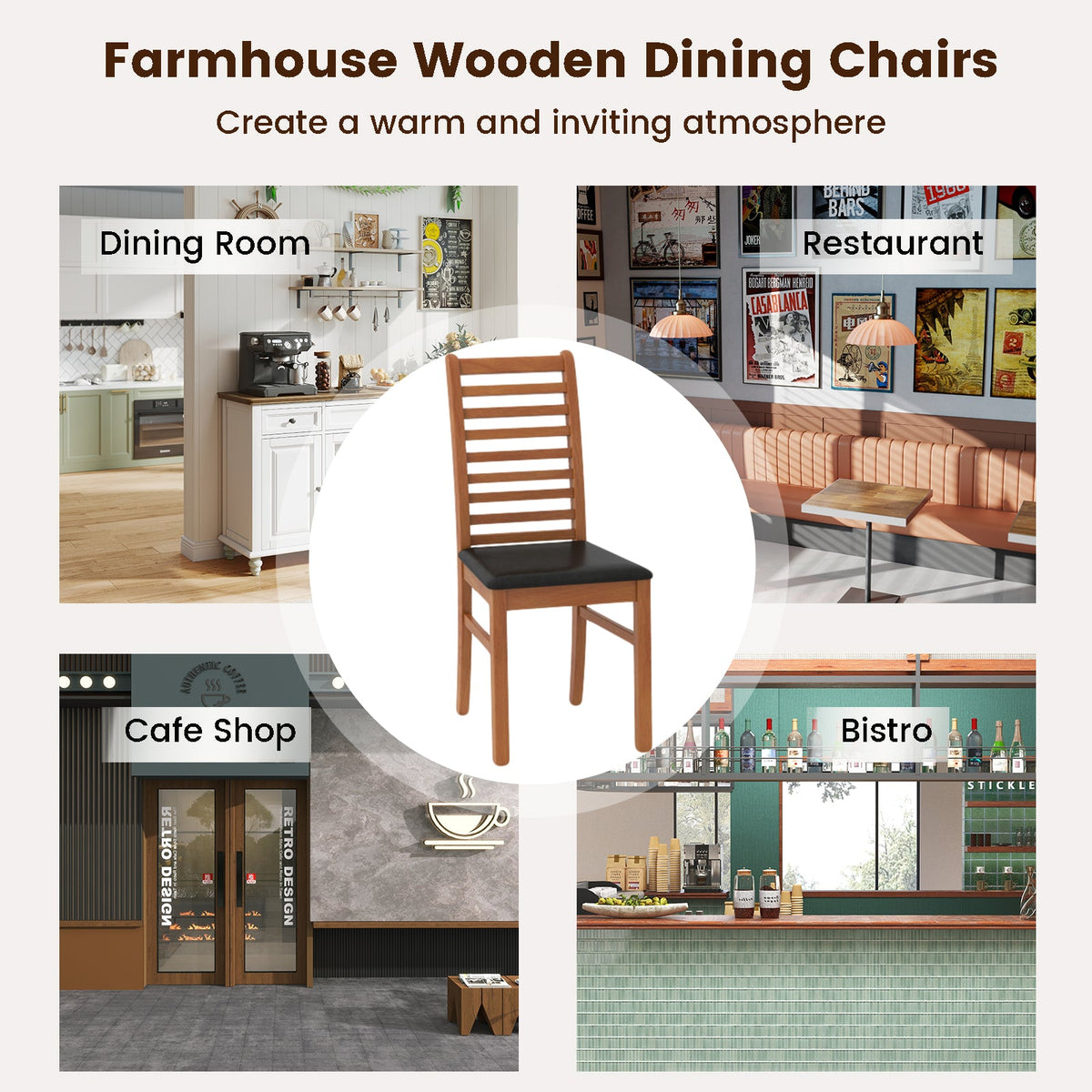 Set of 2 Wooden Dining Chairs with Rubber Wood Legs