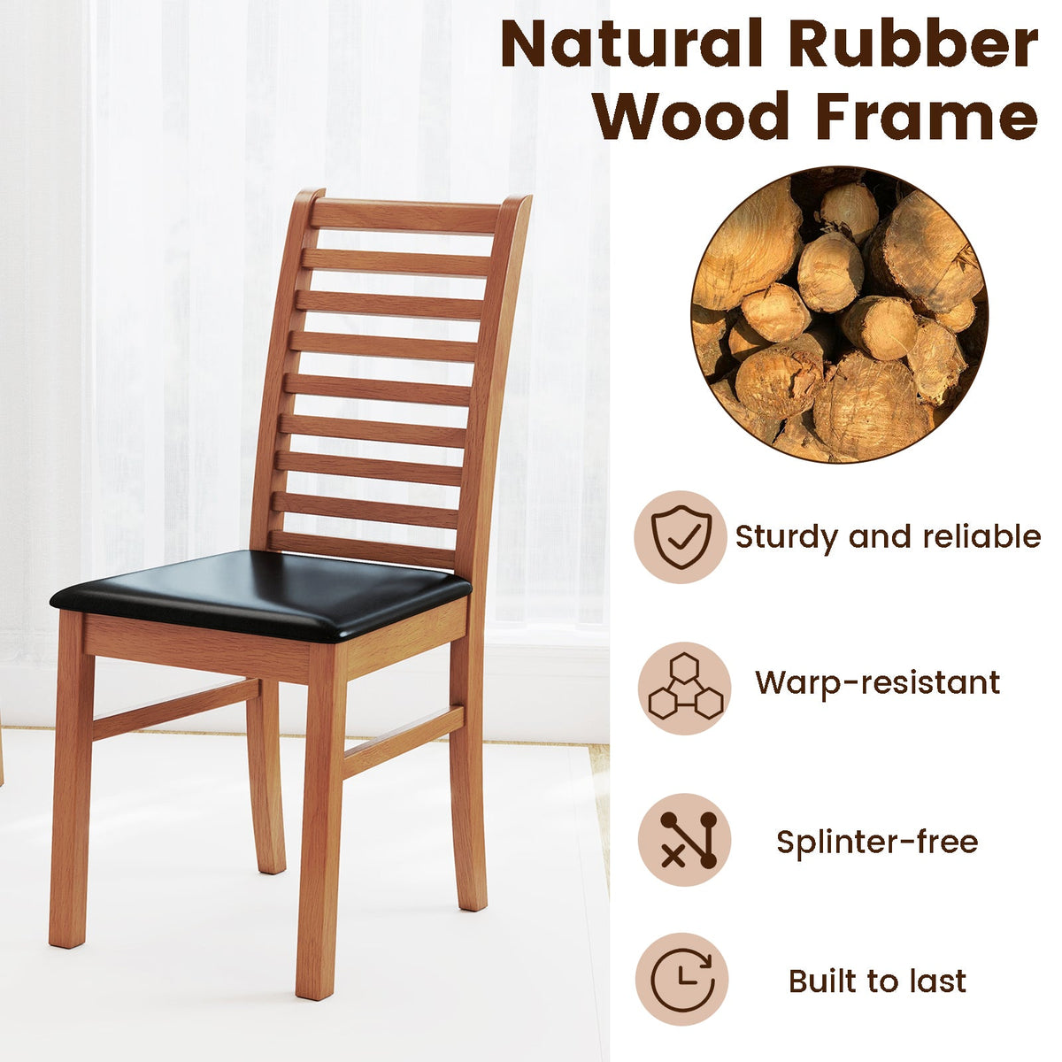Set of 2 Wooden Dining Chairs with Rubber Wood Legs