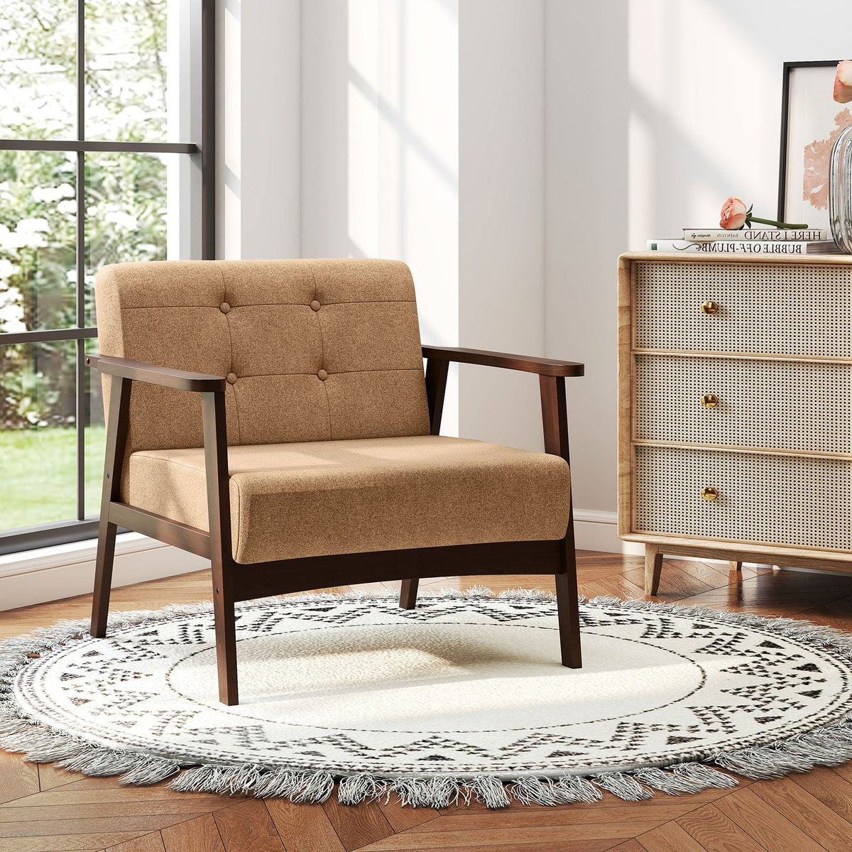 Rubber Wood Frame Accent Chair with Armrest