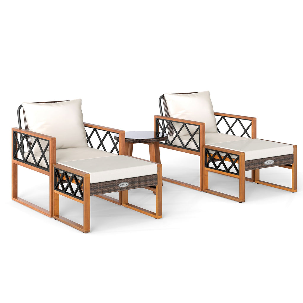 5 Pieces Patio Set, Rattan Outdoor Conversation Set with Acacia Wood