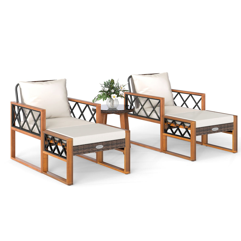 5 Pieces Patio Set, Rattan Outdoor Conversation Set with Acacia Wood