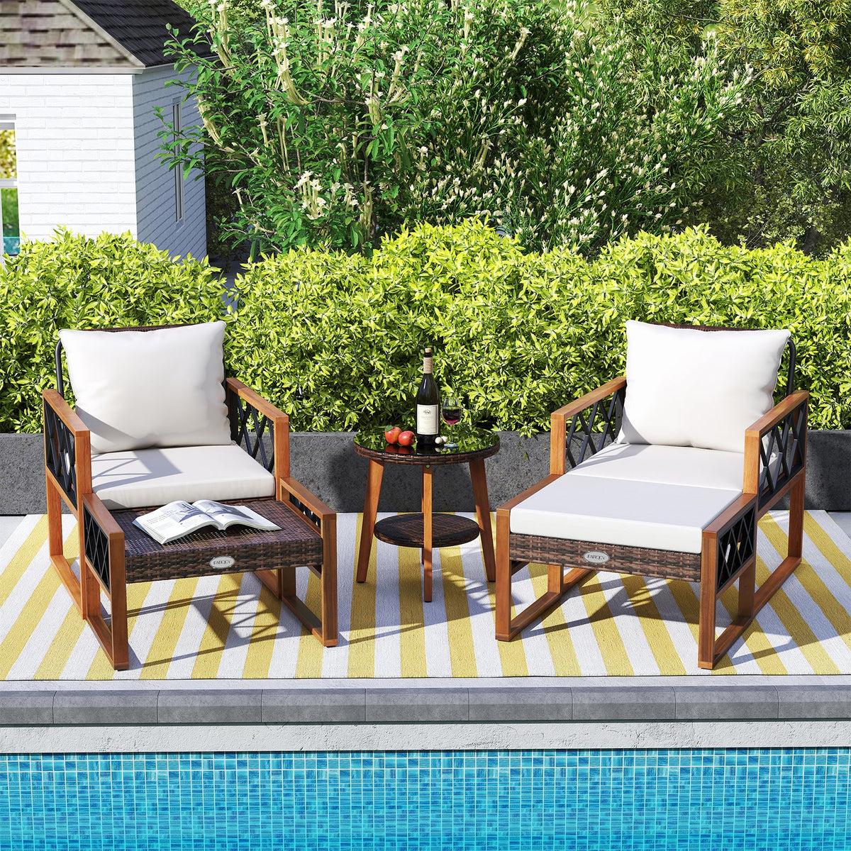 5 Pieces Patio Set, Rattan Outdoor Conversation Set with Acacia Wood