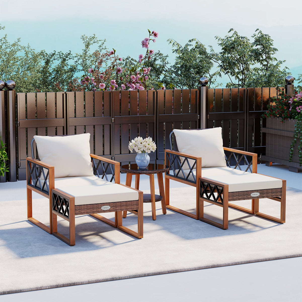 5 Pieces Patio Set, Rattan Outdoor Conversation Set with Acacia Wood