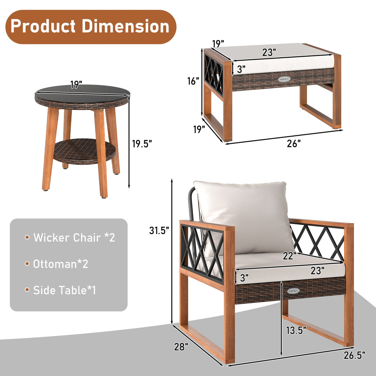 5 Pieces Patio Set, Rattan Outdoor Conversation Set with Acacia Wood