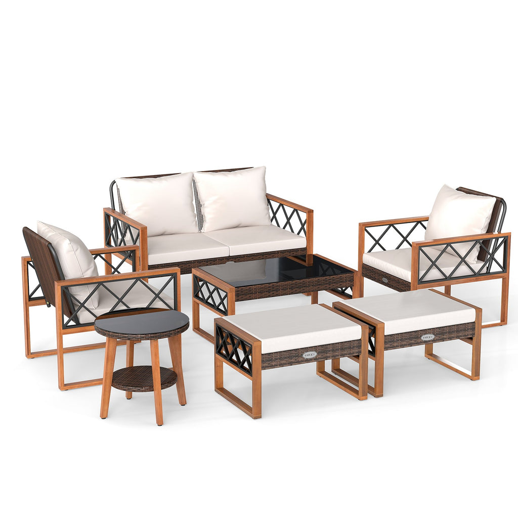 7 Pieces Patio Set, Wicker Acacia Wood, Outdoor Conversation Set