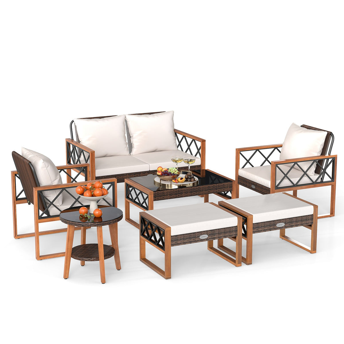 7 Pieces Patio Set, Wicker Acacia Wood, Outdoor Conversation Set
