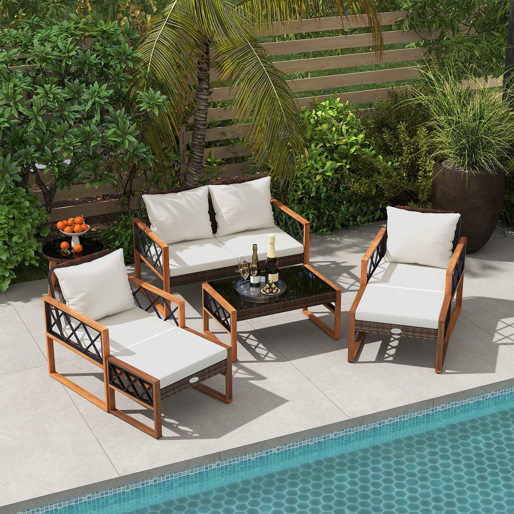 7 Pieces Patio Set, Wicker Acacia Wood, Outdoor Conversation Set