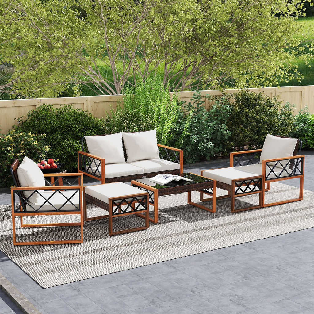 7 Pieces Patio Set, Wicker Acacia Wood, Outdoor Conversation Set