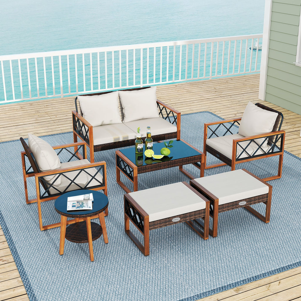 7 Pieces Patio Set, Wicker Acacia Wood, Outdoor Conversation Set