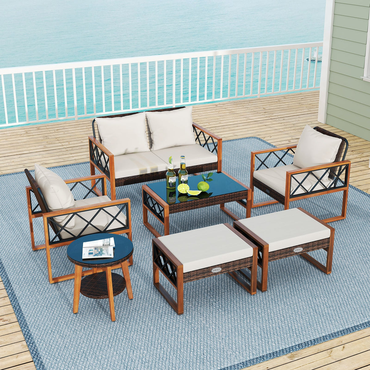 7 Pieces Patio Set, Wicker Acacia Wood, Outdoor Conversation Set