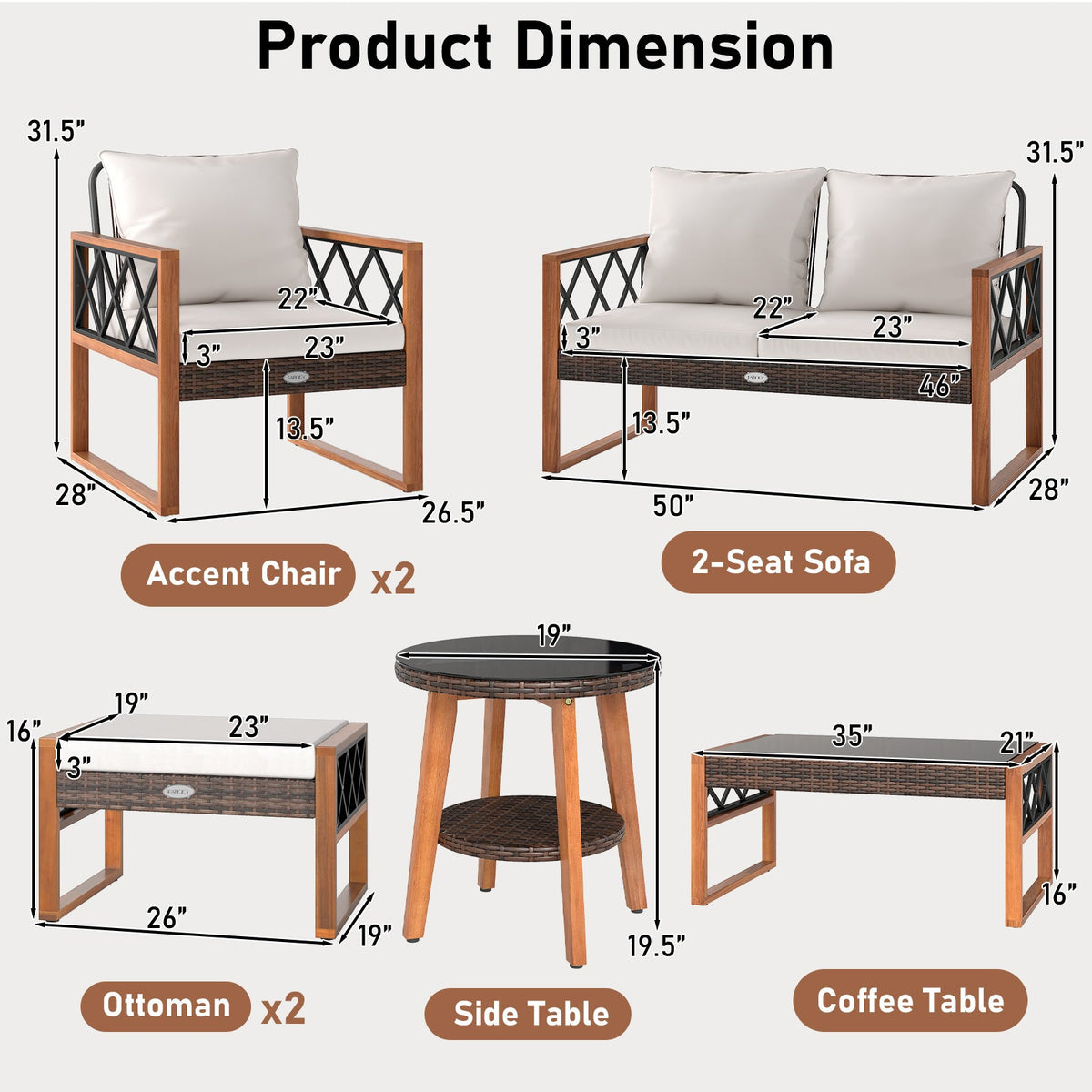 7 Pieces Patio Set, Wicker Acacia Wood, Outdoor Conversation Set