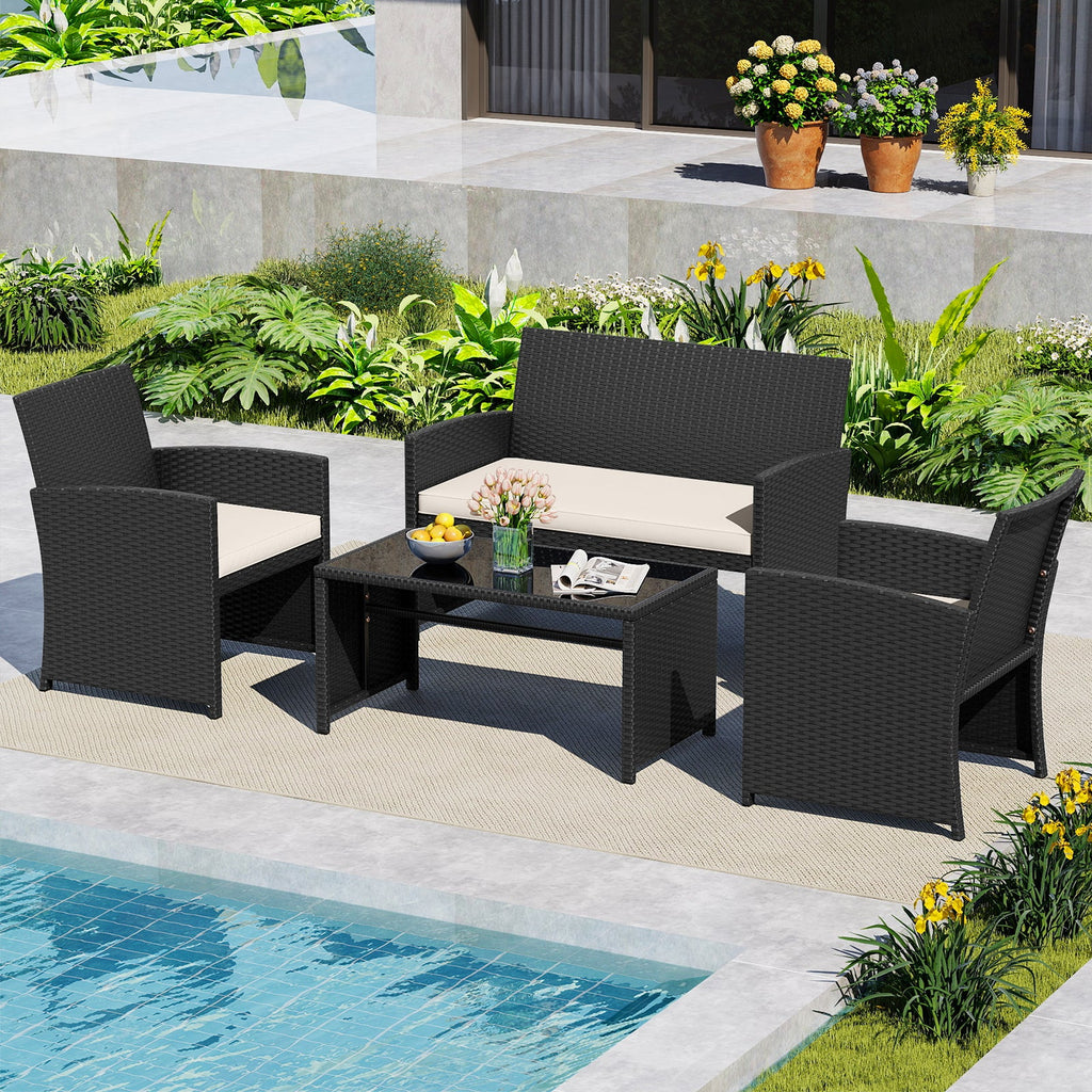 4 Pieces Patio Set with Tempered Glass Tabletop and Removable Cushion