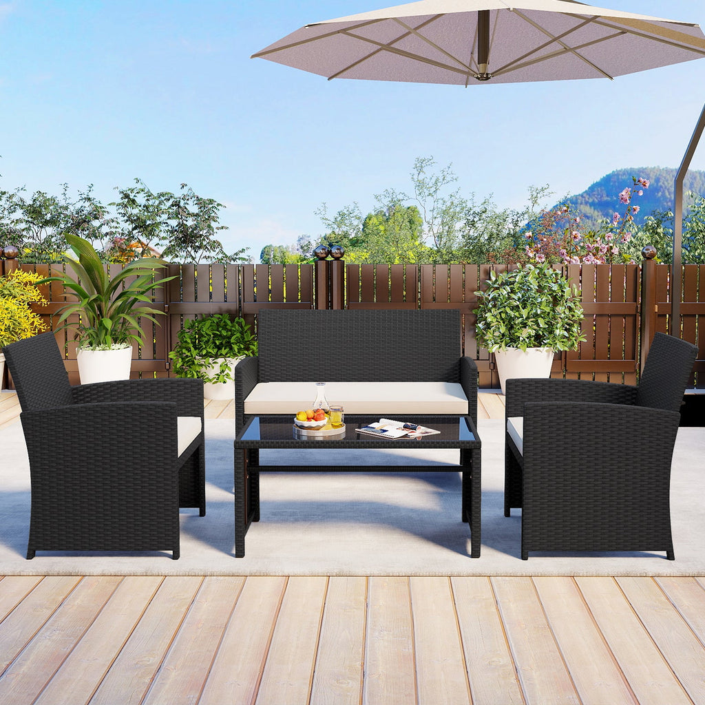 4 Pieces Patio Set with Tempered Glass Tabletop and Removable Cushion