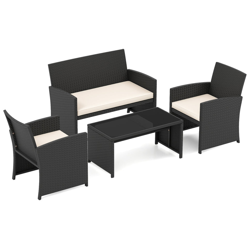 4 Pieces Patio Set with Tempered Glass Tabletop and Removable Cushion