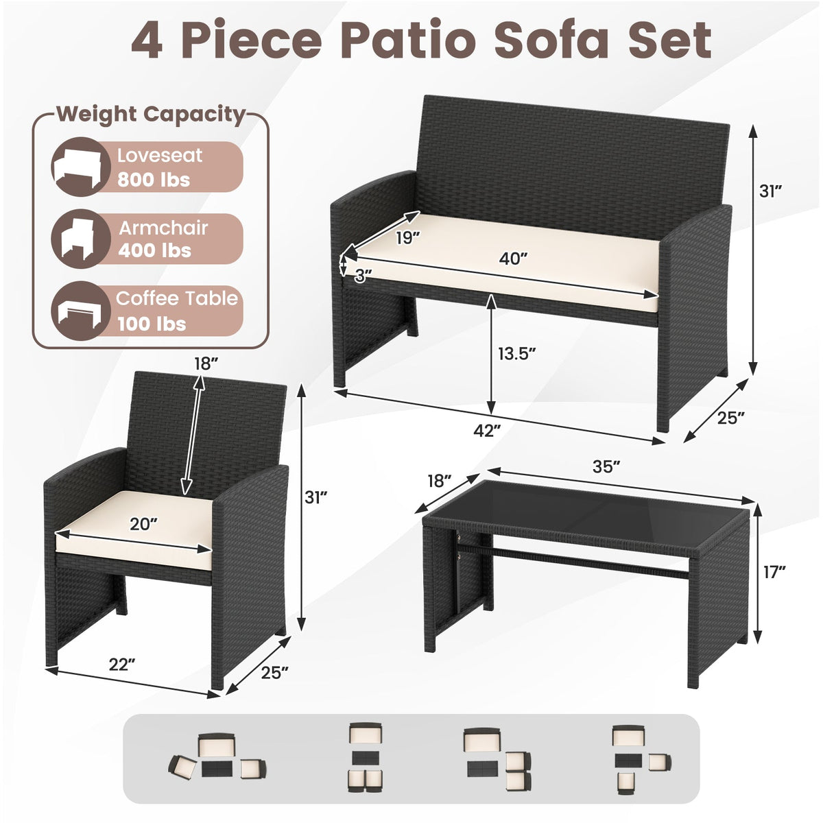 4 Pieces Patio Set with Tempered Glass Tabletop and Removable Cushion