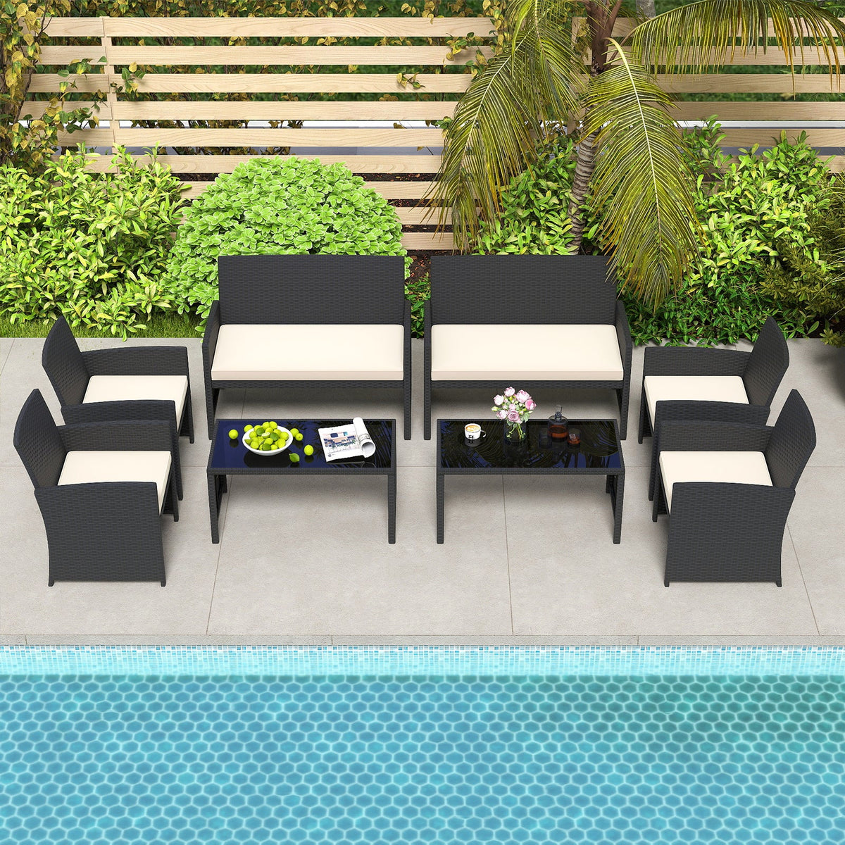 4 Pieces Patio Set with Tempered Glass Tabletop and Removable Cushion