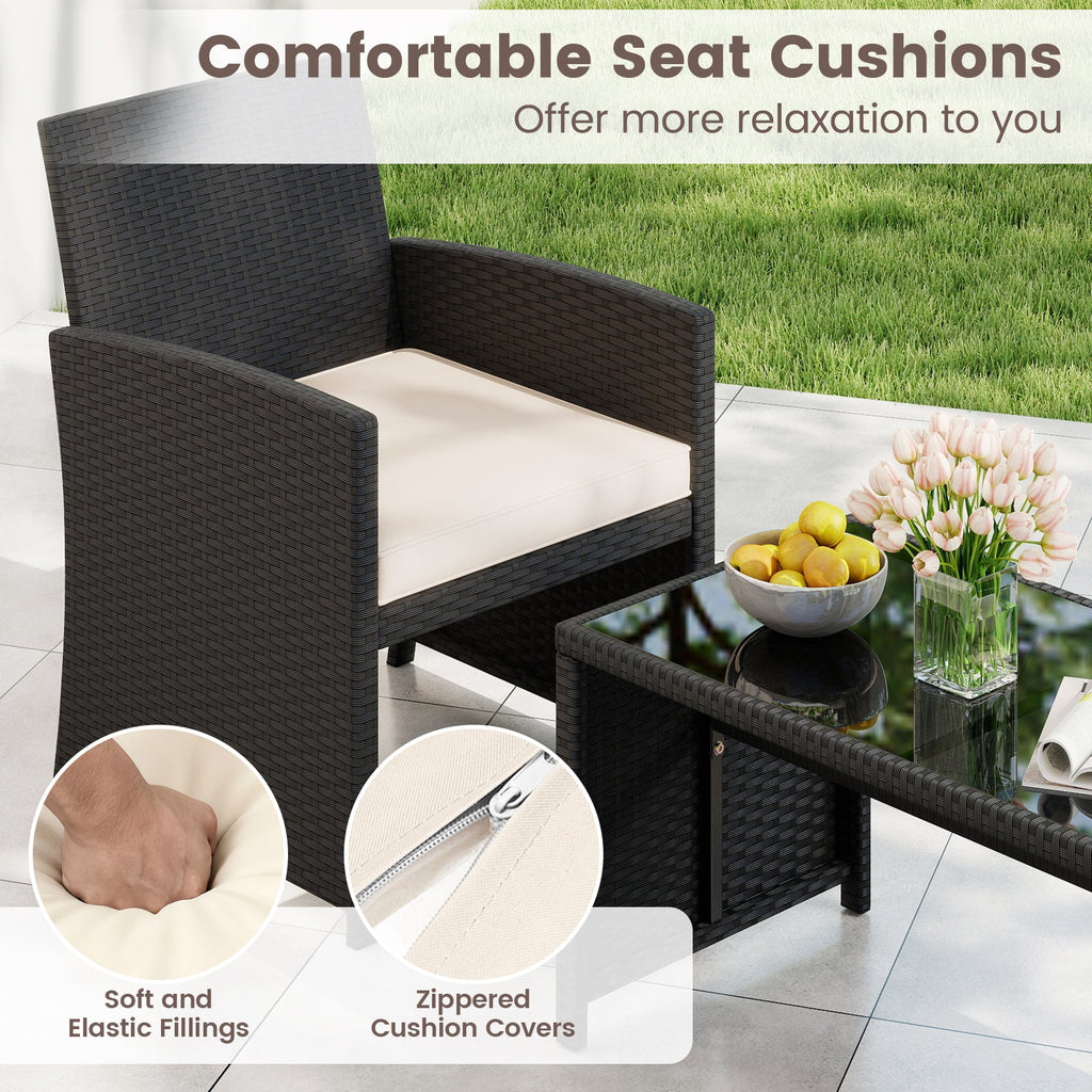 4 Pieces Patio Set with Tempered Glass Tabletop and Removable Cushion
