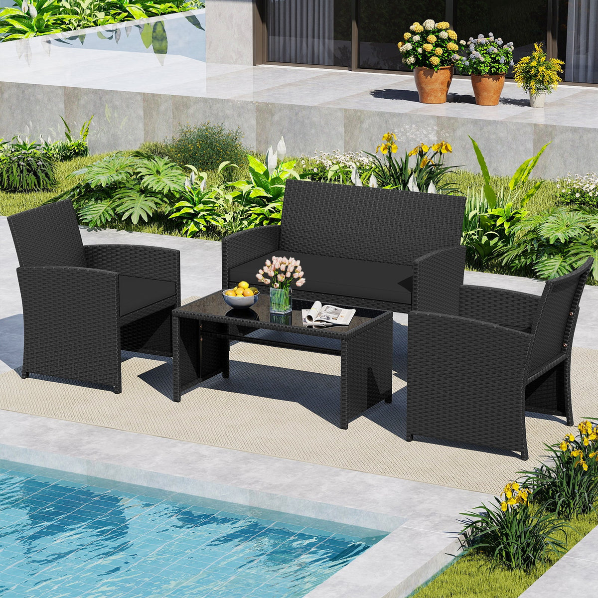 4 Pieces Patio Set with Tempered Glass Tabletop and Removable Cushion