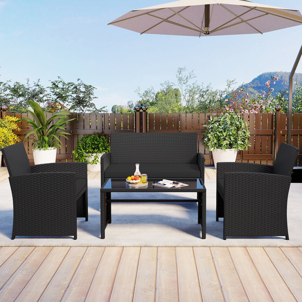 4 Pieces Patio Set with Tempered Glass Tabletop and Removable Cushion
