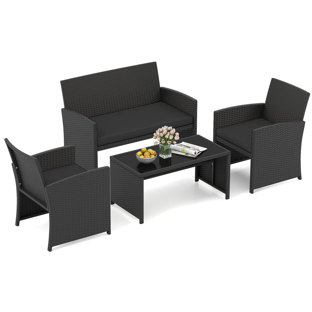 4 Pieces Patio Set with Tempered Glass Tabletop and Removable Cushion