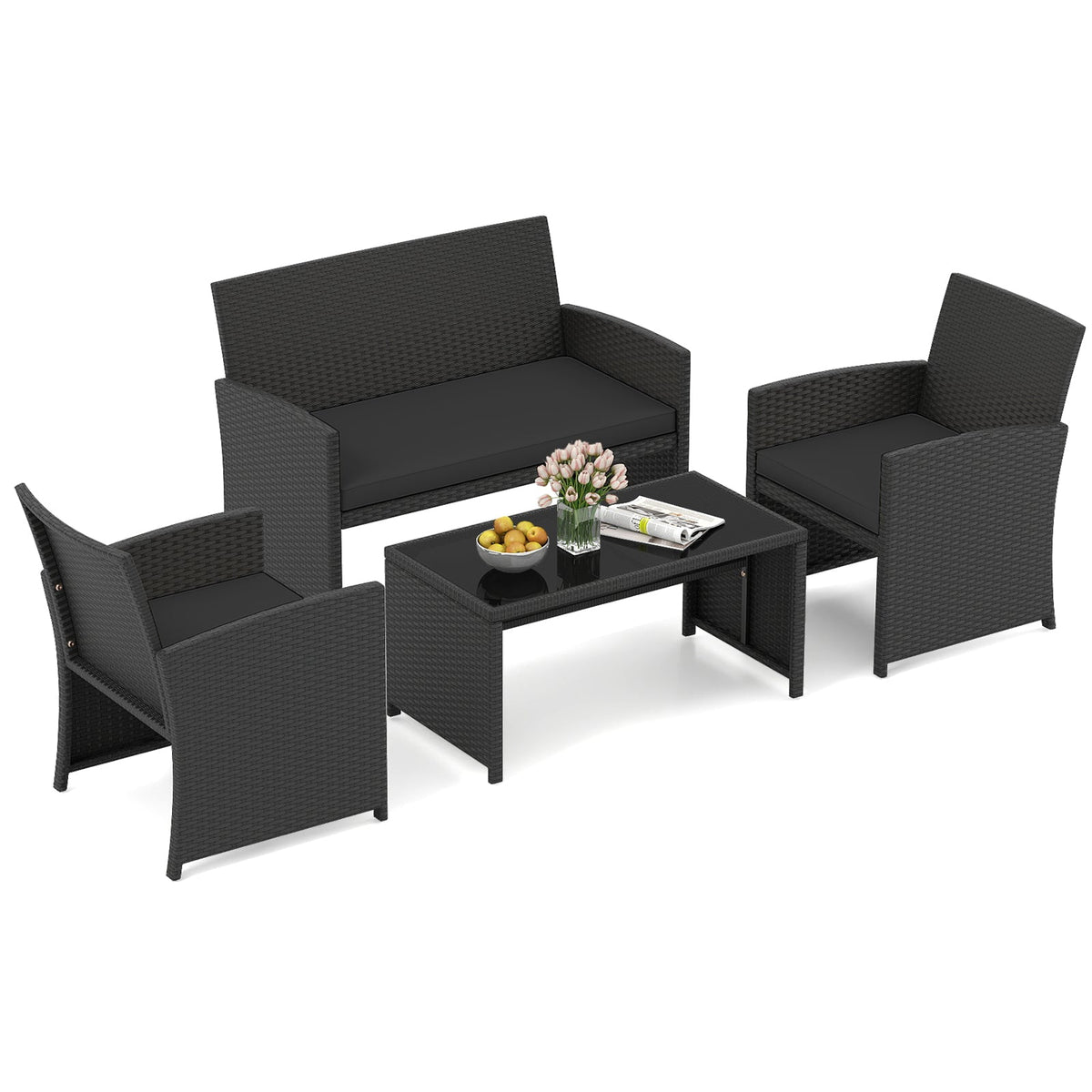 4 Pieces Patio Set with Tempered Glass Tabletop and Removable Cushion