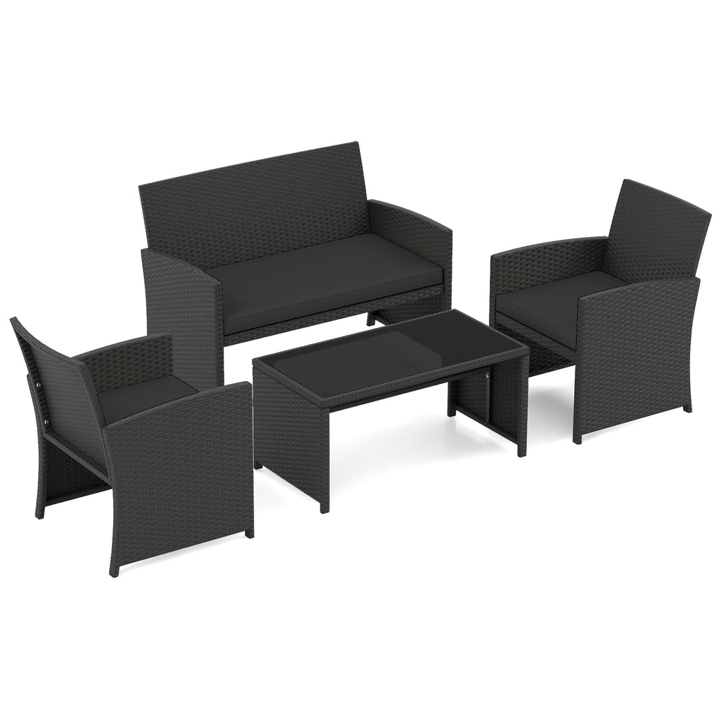 4 Pieces Patio Set with Tempered Glass Tabletop and Removable Cushion