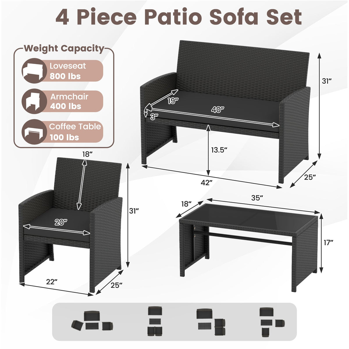 4 Pieces Patio Set with Tempered Glass Tabletop and Removable Cushion