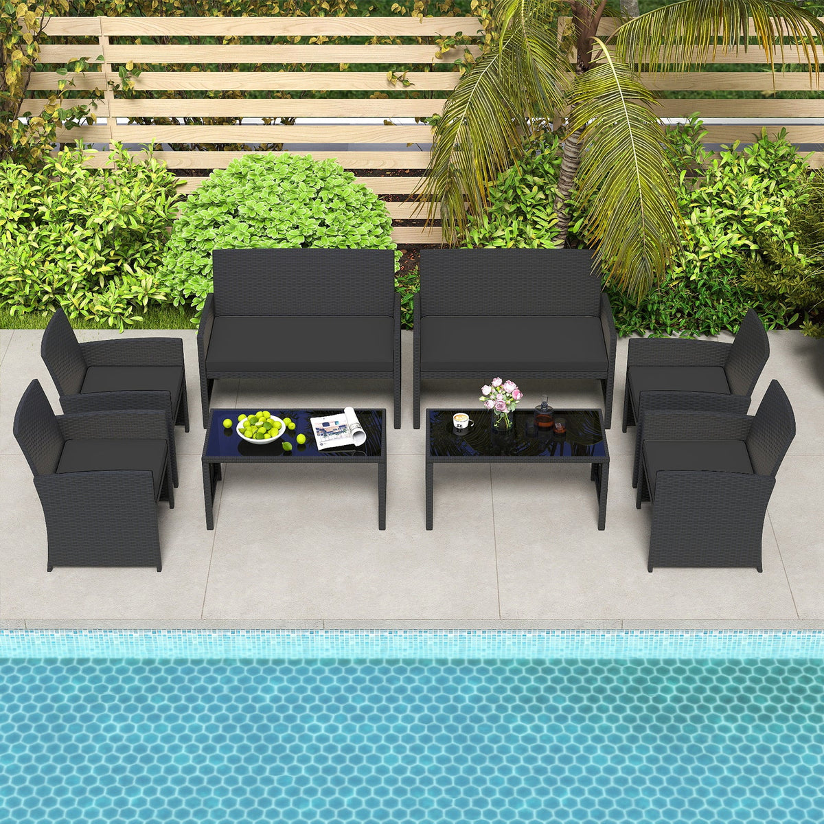 4 Pieces Patio Set with Tempered Glass Tabletop and Removable Cushion
