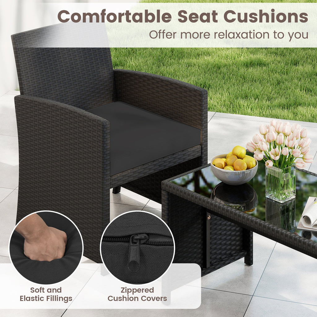 4 Pieces Patio Set with Tempered Glass Tabletop and Removable Cushion