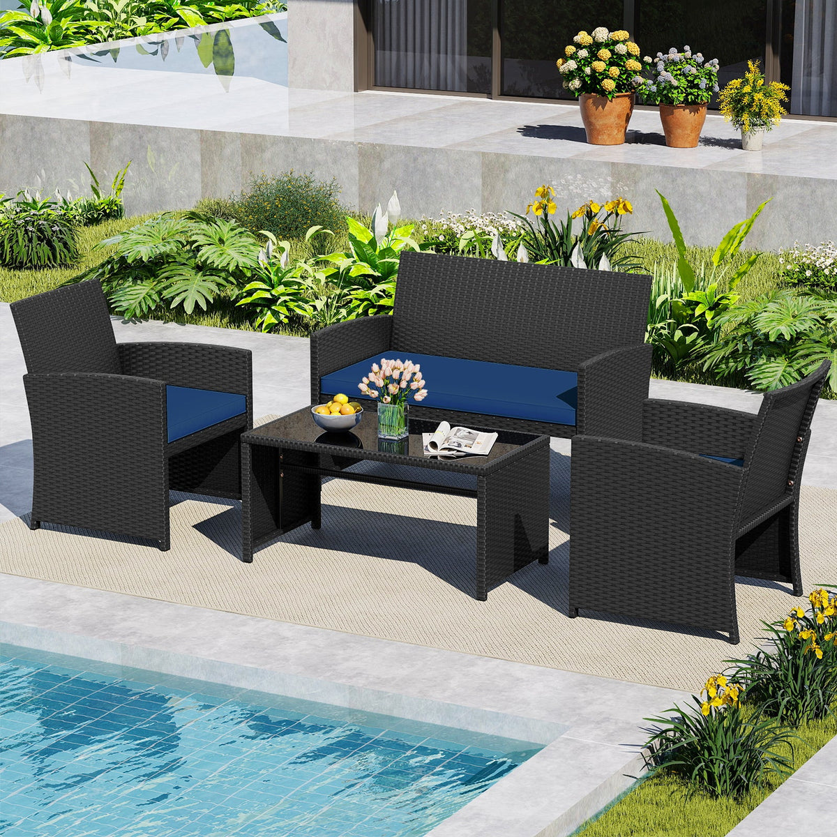 4 Pieces Patio Set with Tempered Glass Tabletop and Removable Cushion