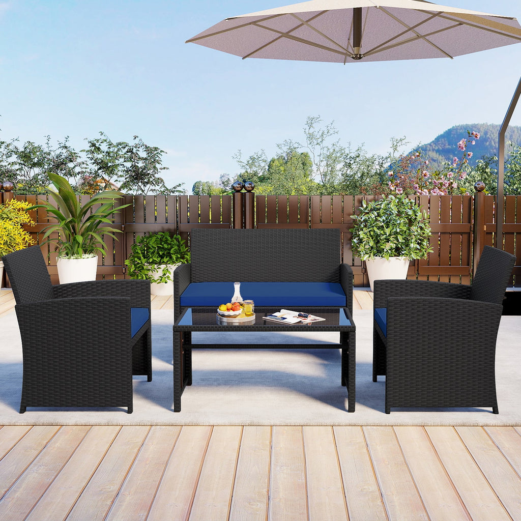 4 Pieces Patio Set with Tempered Glass Tabletop and Removable Cushion